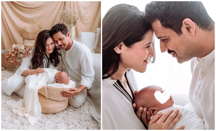 Ali Gul Pir poses with wife Dr. Azeemah Nakhoda and newborn son Salaar in a family photo.