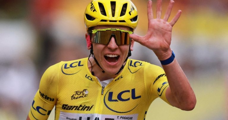 Tadej Pogacar celebrates after winning the Tour de France 2026, securing his record-equalling fifth championship title.