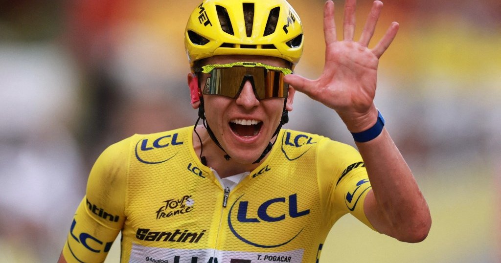 Tadej Pogacar celebrates after winning the Tour de France 2026, securing his record-equalling fifth championship title.