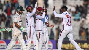 West Indies players celebrating after beating Pakistan by 90 runs in the first Test match of the PAK vs West Indies Test series 2026.