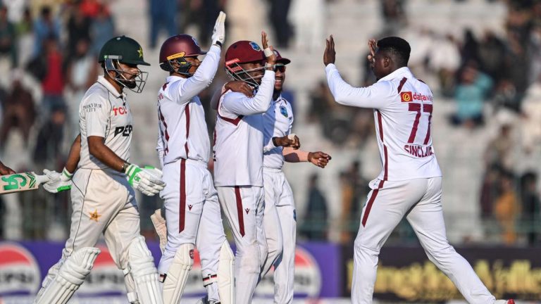 West Indies players celebrating after beating Pakistan by 90 runs in the first Test match of the PAK vs West Indies Test series 2026.