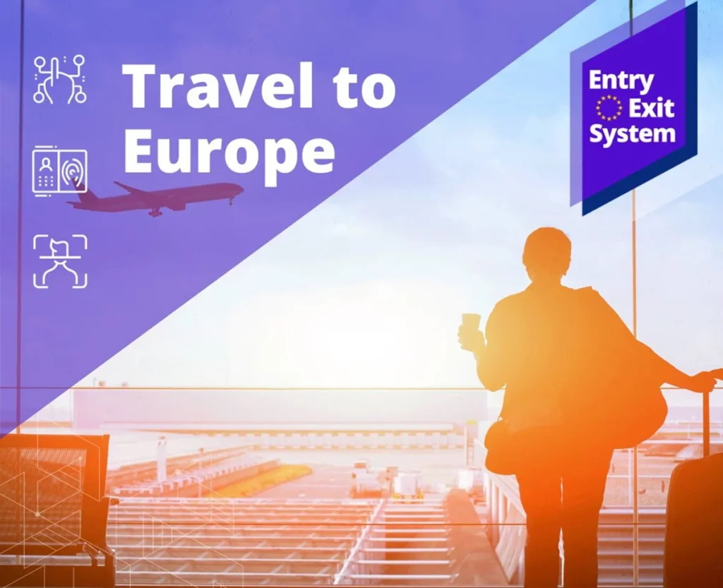 European airport border control showing biometric checks under the EU's Entry/Exit System for travelers entering Schengen countries