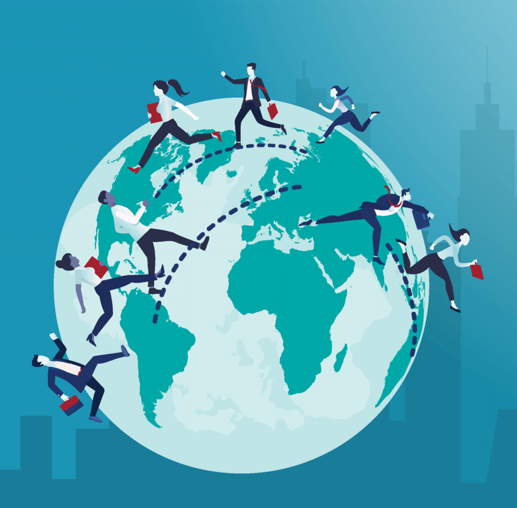 World map with security icons representing international security and global defense cooperation