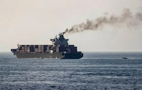 Iranian naval vessel in the Caspian Sea after a suspected Ukraine drone attack, with smoke visible on the water