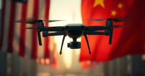 A DJI drone in flight against a grey sky with the US Capitol building in the background, representing the US government ban on Chinese-made drones in 2026.