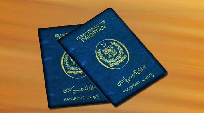 Pakistan blue passport official travel document placed next to red diplomatic passport and green ordinary passport showing all three types of passports in Pakistan