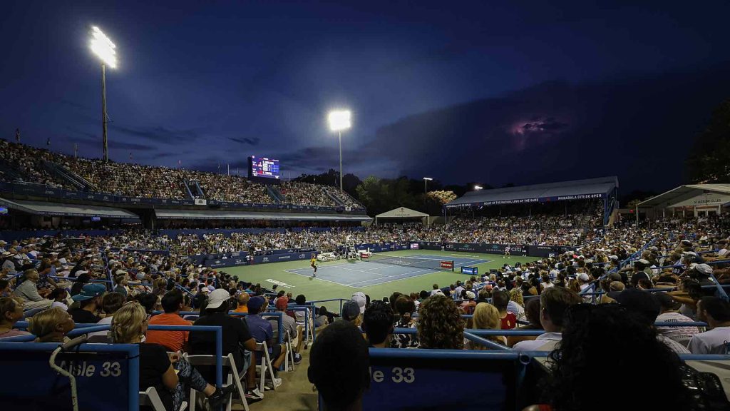 Alex de Minaur playing at the Mubadala DC Open 2026 at FitzGerald Tennis Center in Washington D.C.