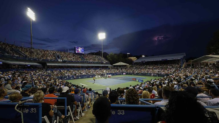 Alex de Minaur playing at the Mubadala DC Open 2026 at FitzGerald Tennis Center in Washington D.C.