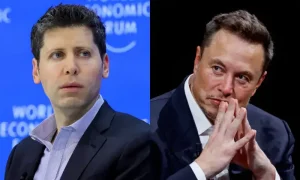 Split image of Sam Altman and Elon Musk representing the escalating OpenAI Musk feud