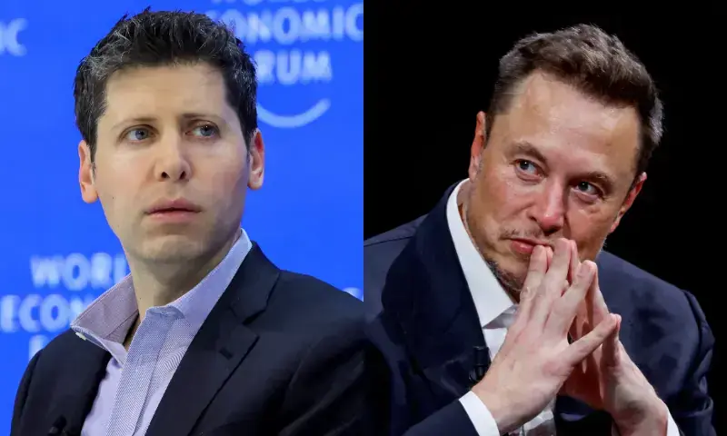 Split image of Sam Altman and Elon Musk representing the escalating OpenAI Musk feud