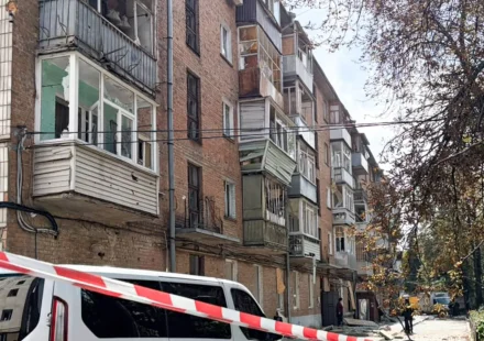 Damaged residential building in Kyiv following a Russian missile and drone attack