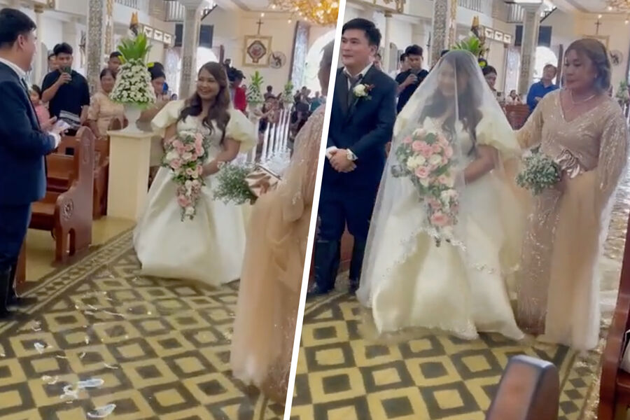 Bride wading through floodwater at a Philippines flood wedding inside a Bulacan church