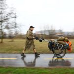 British round-the-world walker Karl Bushby walking the northern French coastline near the English Channel