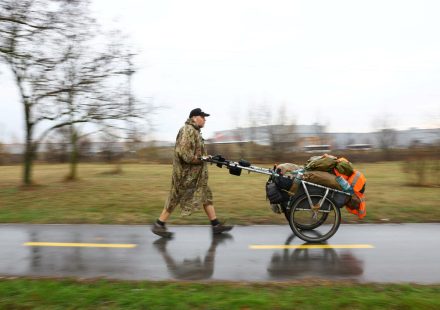 British round-the-world walker Karl Bushby walking the northern French coastline near the English Channel