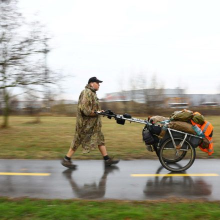 British round-the-world walker Karl Bushby walking the northern French coastline near the English Channel