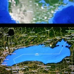 Split map view comparing Lake Ontario label in Canada with Lake America label in the United States