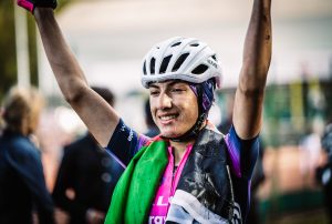 Fariba Hashimi celebrating her Asian Games silver medal finish
