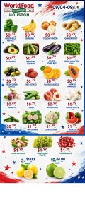 WorldFood Warehouse Houston weekly sale flyer showing fruit and vegetable prices for September 4 to 8
