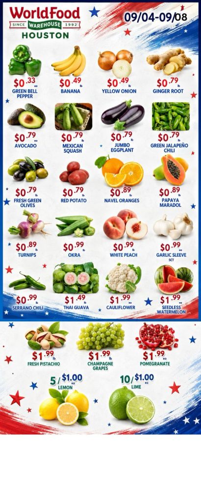 WorldFood Warehouse Houston weekly sale flyer showing fruit and vegetable prices for September 4 to 8