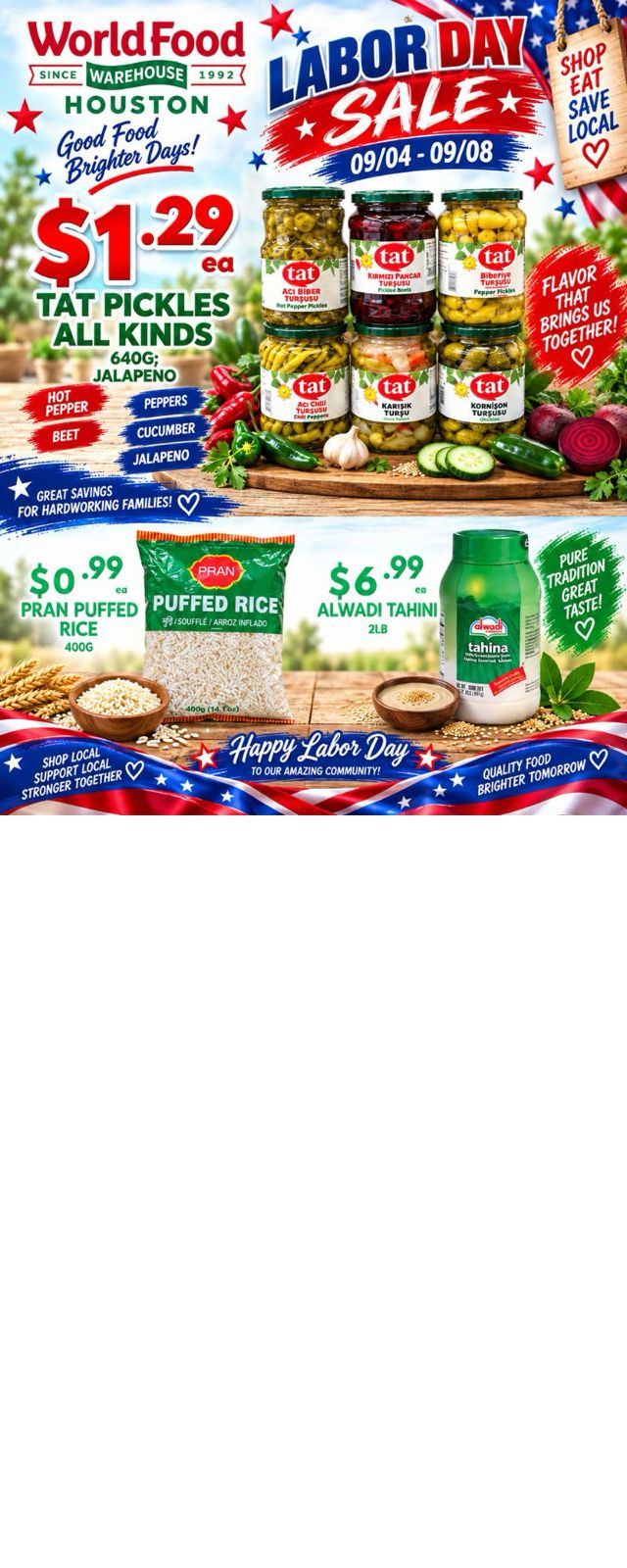 WorldFood Warehouse Houston Labor Day Sale flyer showing TAT pickles, Pran puffed rice, and Alwadi tahini prices for September 4 to 8
