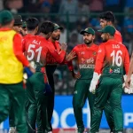 Bangladesh national cricket team players standing together on the field during a T20 match