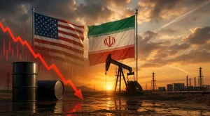 Oil pumpjack silhouetted against a sunset sky as oil prices fall