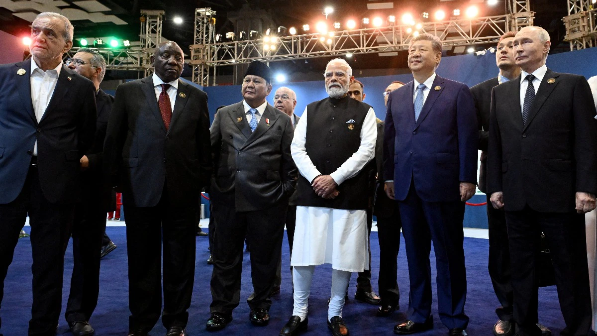 BRICS leaders seated together at the New Delhi summit discussing Middle East tensions and regional peace and stability