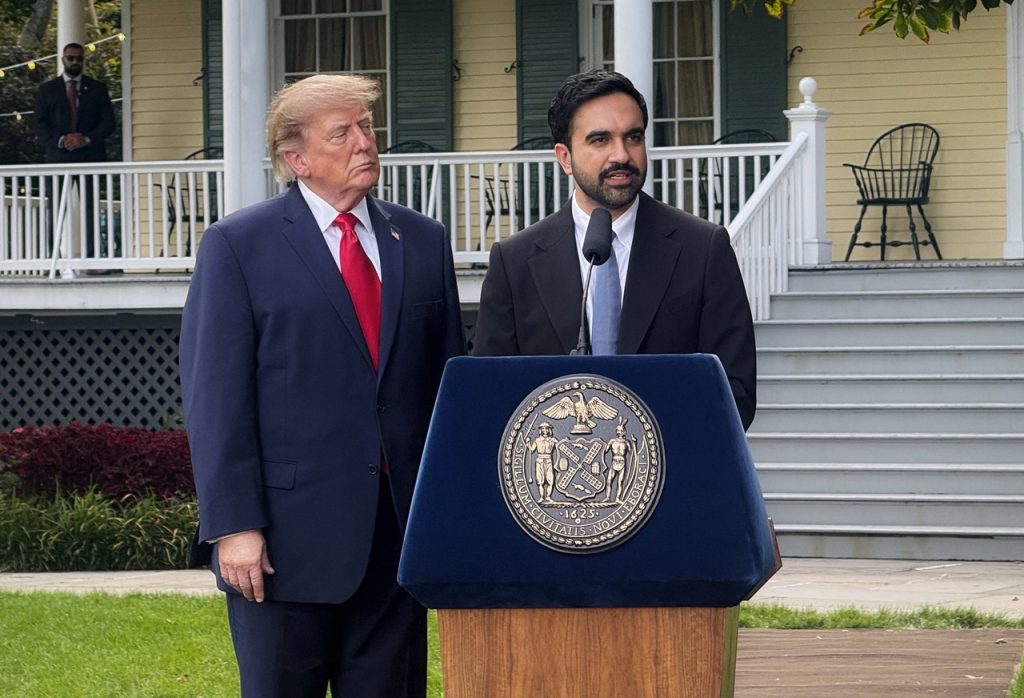 Zohran Mamdani welcoming Donald Trump outside Gracie Mansion in New York