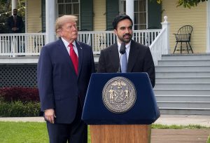 Zohran Mamdani welcoming Donald Trump outside Gracie Mansion in New York