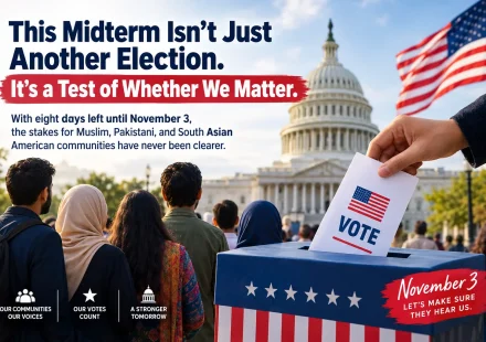 Diverse Muslim and South Asian American voters gathered outside a polling station ahead of the US midterm elections.