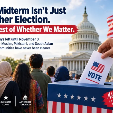 Diverse Muslim and South Asian American voters gathered outside a polling station ahead of the US midterm elections.