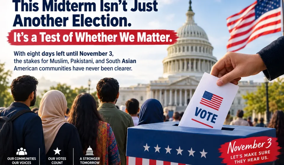 Diverse Muslim and South Asian American voters gathered outside a polling station ahead of the US midterm elections.