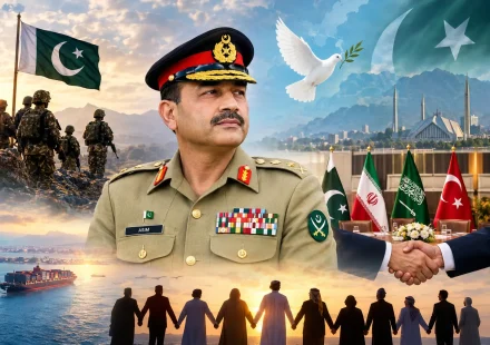 ield Marshal Asim Munir in a diplomatic setting, symbolising Pakistan’s engagement in regional peace talks and Middle Eastern diplomacy.