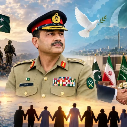 ield Marshal Asim Munir in a diplomatic setting, symbolising Pakistan’s engagement in regional peace talks and Middle Eastern diplomacy.