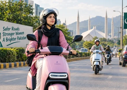 A Pakistani woman wearing a safety helmet riding an electric scooter on an urban road.
