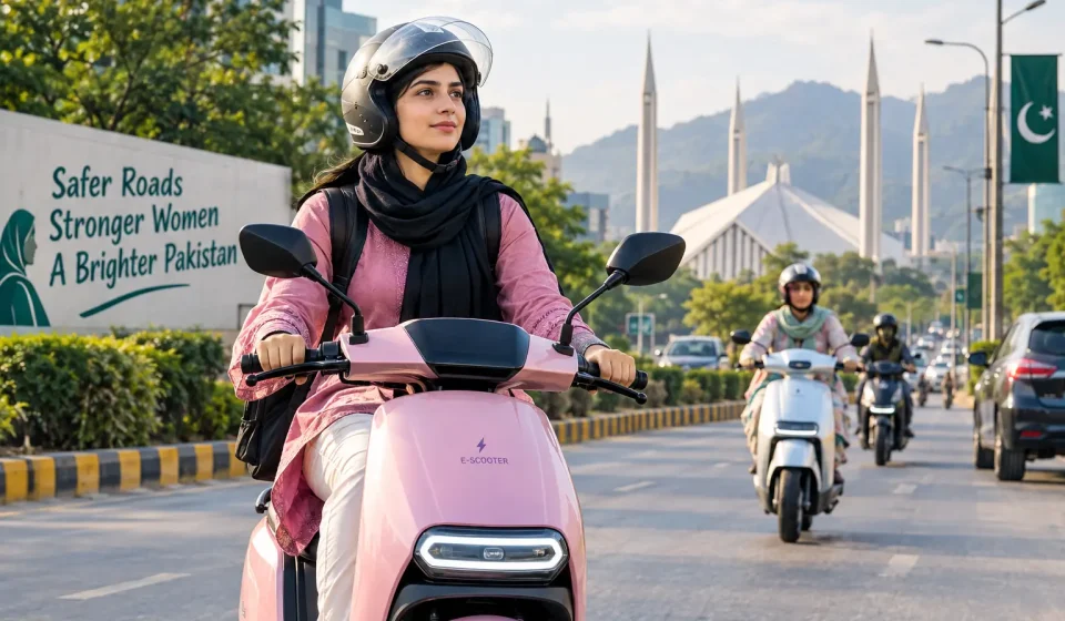 A Pakistani woman wearing a safety helmet riding an electric scooter on an urban road.