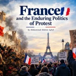 Demonstrators gather in Paris with French flags, reflecting France's long tradition of political protest.