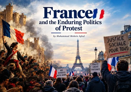 Demonstrators gather in Paris with French flags, reflecting France's long tradition of political protest.