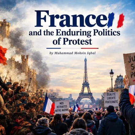 Demonstrators gather in Paris with French flags, reflecting France's long tradition of political protest.
