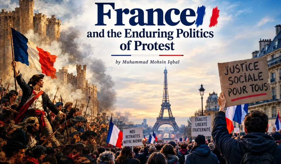 Demonstrators gather in Paris with French flags, reflecting France's long tradition of political protest.