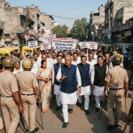 Rahul Gandhi and opposition lawmakers during a protest over voter roll revision in New Delhi