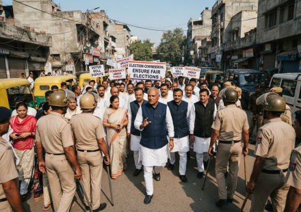 Rahul Gandhi and opposition lawmakers during a protest over voter roll revision in New Delhi