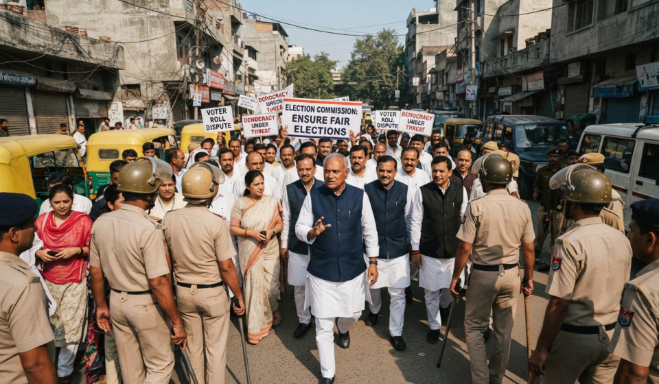 Rahul Gandhi and opposition lawmakers during a protest over voter roll revision in New Delhi