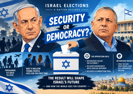 Israeli election campaign imagery representing the contest between Benjamin Netanyahu and Gadi Eisenkot in the October 2026 general election.