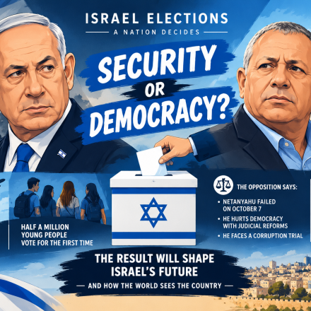 Israeli election campaign imagery representing the contest between Benjamin Netanyahu and Gadi Eisenkot in the October 2026 general election.