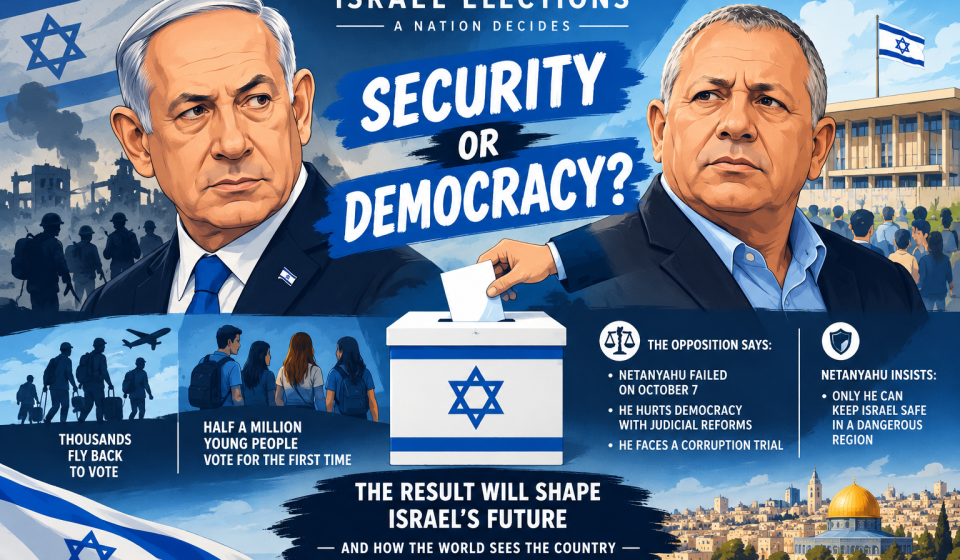 Israeli election campaign imagery representing the contest between Benjamin Netanyahu and Gadi Eisenkot in the October 2026 general election.