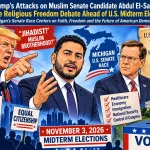 Donald Trump and Abdul El-Sayed in the context of the 2026 Michigan Senate election and debate over religious freedom.