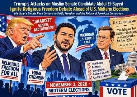 Donald Trump and Abdul El-Sayed in the context of the 2026 Michigan Senate election and debate over religious freedom.