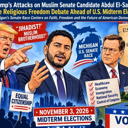 Donald Trump and Abdul El-Sayed in the context of the 2026 Michigan Senate election and debate over religious freedom.