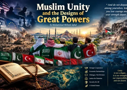 Symbolic illustration of Muslim unity, global power politics and cooperation among Muslim nations.